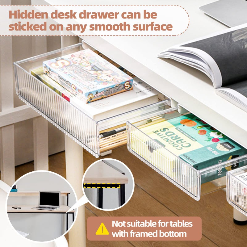 TooCust 2Pcs Under Desk Storage Drawers Slide Out,Large&Medium,Stick On Desk Drawer Under Desk,Under Desk Organizer Hidden Under Table Drawer for Home Office School Organization and Storage-Transparent White - Image 5